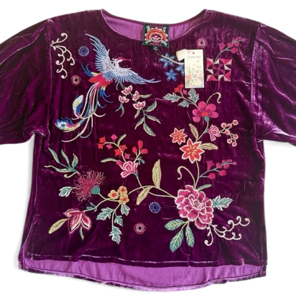 Johnny Was Nikkola heavily embroidered Purple Velvet Boatneck Blouse NWT